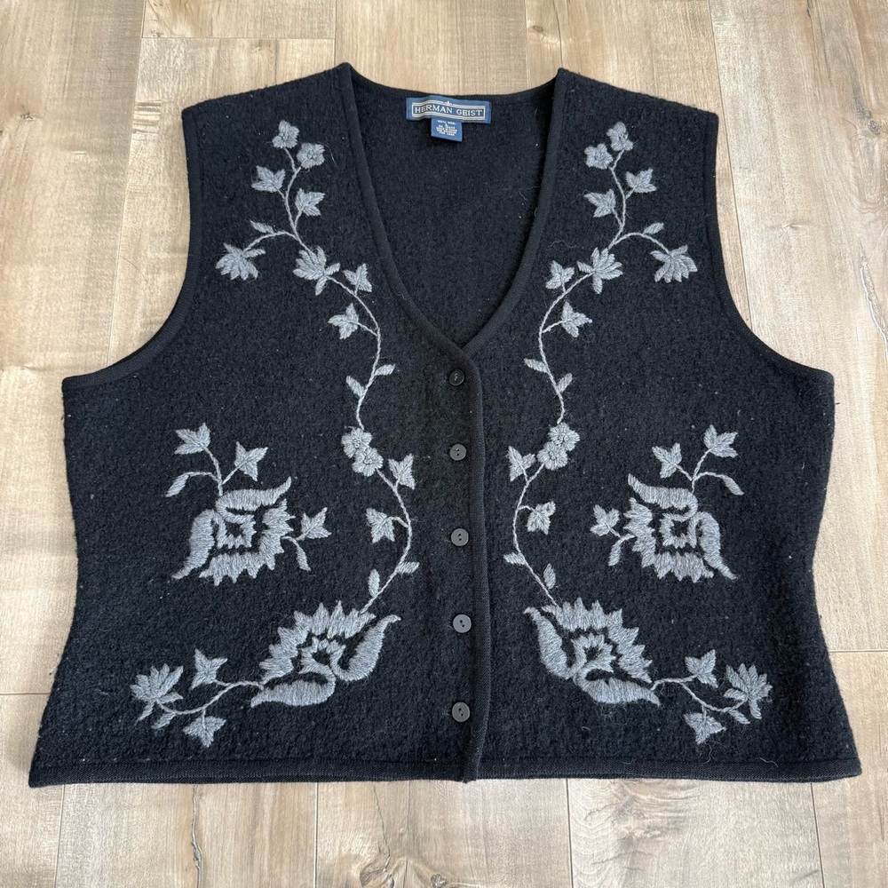 Vintage Herman Geist Wool Vest Women‎ Large Black Embroidered Floral